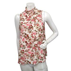 Brody Myles Floral Sleeveless Top Smocked Neck Blouse Lightweight Cream Pink